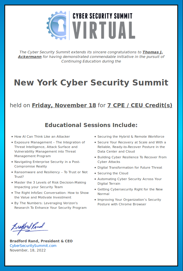 18 NOV 2022 New York Cyber Security Summit Thomas J. Ackermann